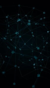 Motion graphic Blue digital money icons linked on grid mesh and line connection rotation on futuristic abstract background technology financial and cryptocurrency concept seamless loop vertical video