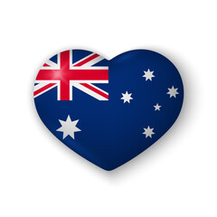 3d heart with flag of Australia. Glossy realistic vector element on white background with shadow underneath. Best for mobile apps, UI and web design.