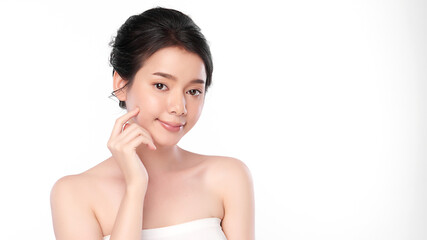 Beautiful young asian woman with clean fresh skin on white background, Face care, Facial treatment, Cosmetology, beauty and spa, Asian women portrait.