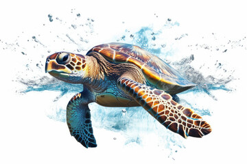 Turtle swimimg with water splash isolated on white background , Created with Generative Ai Technology