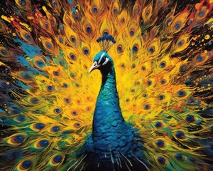 peacock  form and spirit through an abstract lens. dynamic and expressive peacock print by using bold brushstrokes, splatters, and drips of paint.  peacock raw power and untamed energy