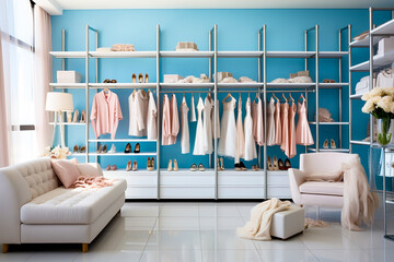 Stylish large, modern dressing room in blue tones. Generative AI.