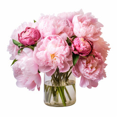 Illustration, AI generation. Bouquet of pink peonies in a glass vase on a white background.