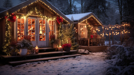 Obraz premium Illustration, AI generation. A large country cottage in the snow at dusk, decorated with Christmas garlands for the New Year.