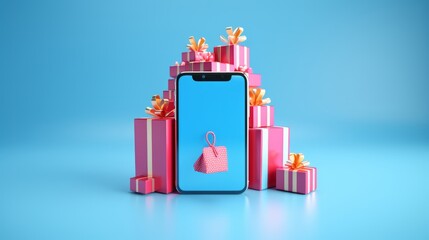 Digital Commerce Made Easy, Online Shopping Concept, 3D Rendered on a Smartphone, Enhanced with a Cool Blue Background, generative ai