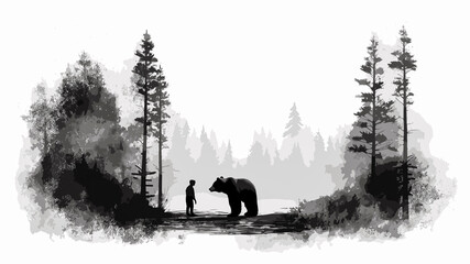Silhouette of a boy and a bear in the forest.