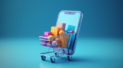 Digital Commerce Made Easy, Online Shopping Concept, 3D Rendered on a Smartphone, Enhanced with a Cool Blue Background, generative ai
