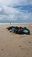 Ecology volunteers cleaning beach from plastic garbage and trash. Group of active people cleaning seaside. Ecology protection movement and ocean pollution problems concept.