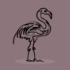 Flamingo vector illustration in black brush tool style isolated on brown