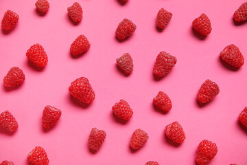 Many fresh raspberries on pink background
