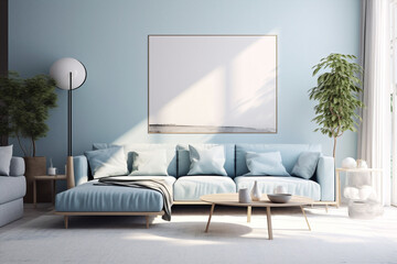 room home minimalist modern apartment design furniture wall blue sofa interior. Generative AI.