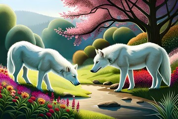 Obraz na płótnie Canvas two wolfs drinking water generated AI