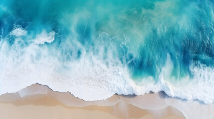 Overhead photo of crashing waves on the shoreline  beach. Tropical beach surf. Abstract aerial...