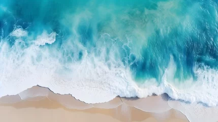 Gordijnen Overhead photo of crashing waves on the shoreline  beach. Tropical beach surf. Abstract aerial ocean view © wing