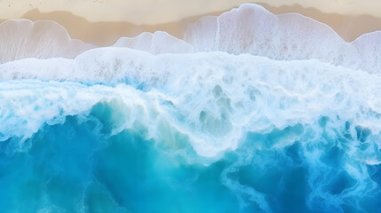 Obraz na płótnie Canvas Overhead photo of crashing waves on the shoreline beach. Tropical beach surf. Abstract aerial ocean view