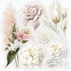 dramatic set of rose lily hyacinth peony and snapdragon flower graphics in whites and pinks png transparent background 