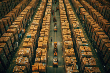 This captivating photo provides a unique aerial perspective of the interior of a warehouse. showcasing the industrial and logistic environment. Generative AI.