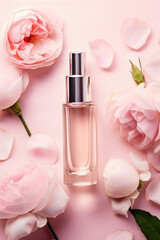 Obraz na płótnie Canvas Skin care face serum bottle surrounded by pink peony flowers