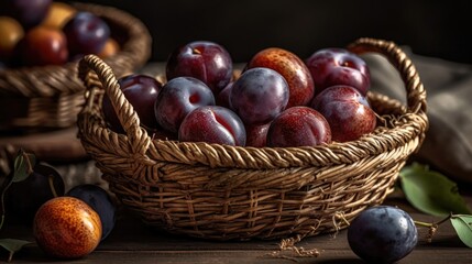 Obraz premium Plum Fruits in a bamboo basket with blur background