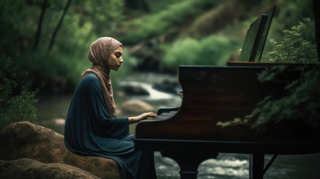 Young woman playing piano at nature
