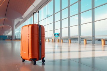 Orange suitcase in airport terminal Travel and vacation concept