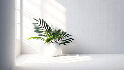 Green plant in white vase on white wall background. 3d rendering. AI generated Illustration