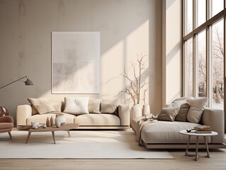 Modern minimalistic living room with large windows, grey beige greige interior with sofa, carpet and decor, neutral palette. 3d render illustration mockup. Generative AI