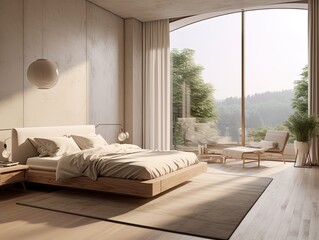 Modern minimalistic bed room with large windows, grey beige greige interior with king size bed, carpet and decor, neutral palette. 3d render illustration mockup. Generative AI