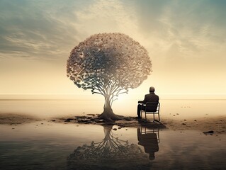 Dark silhouette of lonesome old man staring at sunset far away while sitting under fading memory tree. Emotional image of Alzheimer's disease, image of hope about disease is reflected. Generative AI