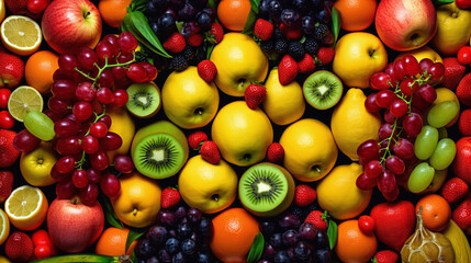 Fototapeta na wymiar Background of fresh fruits arranged together representing concept of health diet. Top view. Generative Ai