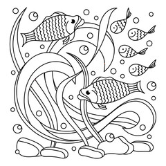 Coloring book page. Under water. Marine vector motif . Doodle of the underwater world, sea, ocean, river . Fish, waves and plants. Monochrome Aquariums.