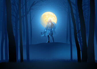 Viking berserker wearing bear skin holding an axe on dark woods, vector illustration - obrazy, fototapety, plakaty