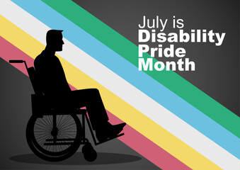 Silhouette of a man in a wheelchair with Disability Pride Month flag as the background, the Americans with disabilities act