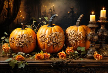 Spooky Ambiance: Three Illuminated Pumpkins on a Mysterious Halloween Background