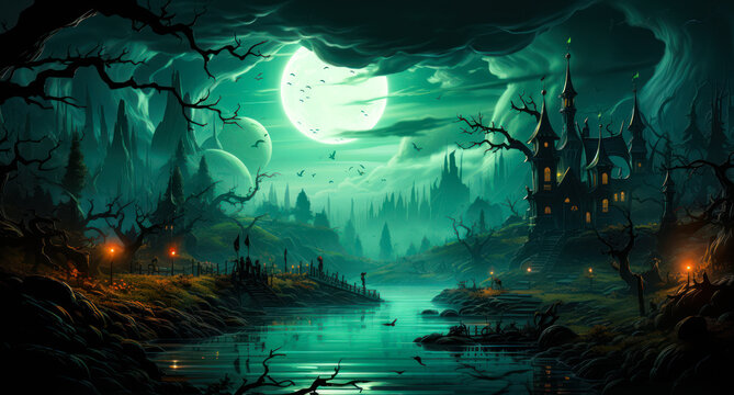 Haunting Atmosphere: Surrealistic Halloween Graveyard Landscape Wallpaper