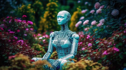Robot meditating and practicing yoga in forrest