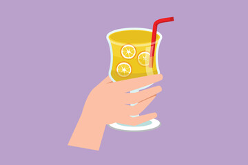 Character flat drawing hand holding glass with lemon fruit juice. Sweet beverage. Tasty and yummy food. Juicy water with straw, delicious treatment organic product. Cartoon design vector illustration