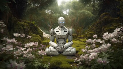 Robot meditating and practicing yoga in garden