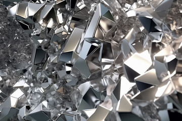3d illustration, grunge background, many soaring silver triangular pyramids. Abstract silver pyramids background. Generative AI.