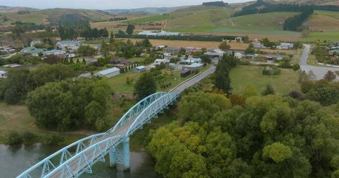 Aerial: Bridge crossing the Clutha River, Millers Flat, Central Otago, New Zealand