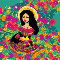illustration of mexican lady with floral ornament