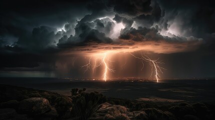 Lightning thunderstorm flash over the night sky