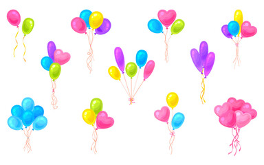 Holiday balloon bunch colorful cartoon flat set. Air celebration decor valentine day birthday party carnival flying helium balloon bunch round oval heart ribbon pink purple blue yellow green isolated