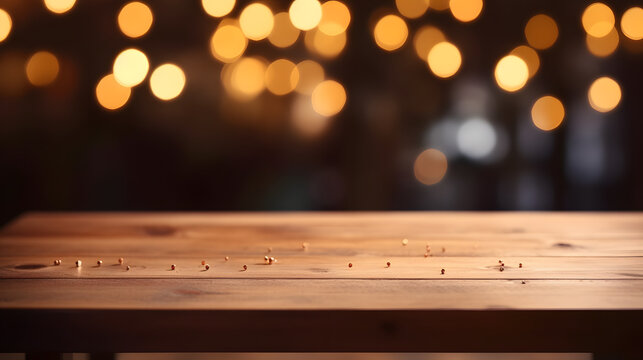 Empty wooden table, workspace bokeh background