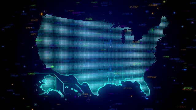 Futuristic Motion View Blue Colorful Shiny Digital Technology Hud Dots Mosaic Grid United States of America Map Light Scanning With Numeric Tech Particles Background, Seamless Loop