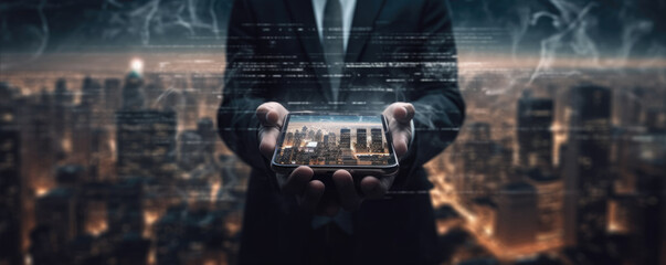 Naklejka na ściany i meble Photo of a businessman holding a smart phone. Double exposure photo of the panoramic city . Generative AI