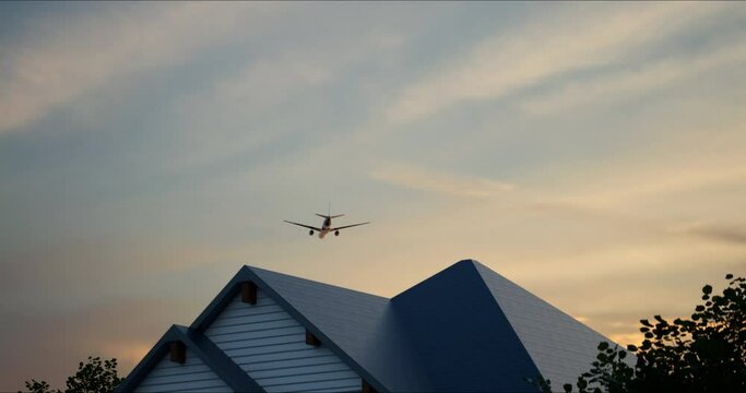 Large airliner with passengers on blue sky is landingat airport of bright orange sunset on sunny summer day. Go Everywhere. Airplane flies in sky at sunset day lens flares. Travel