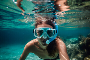 Naklejka premium young girl snorkeling in the sea, exploring underwater, summer vacation, summer sports
