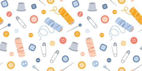 Seamless pattern sewing hobby design elements in flat style. Sewing accessories.