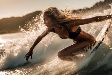 Foto op Plexiglas  Close up Surfer girl on surfboard. Woman in ocean during surfing. High quality illustration © Eva Corbella